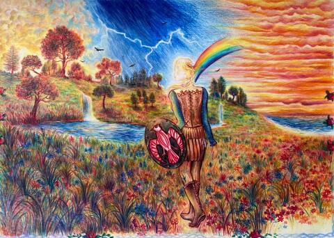 Woman in landschap potlood